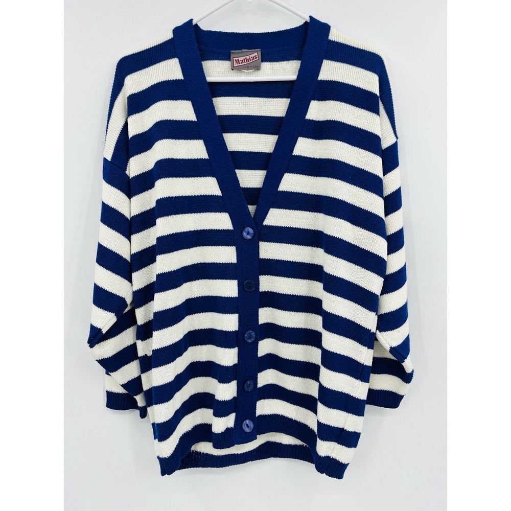 Vintage Mathias Tunic Cardigan Sweater Striped V-Neck Size Large USA Made